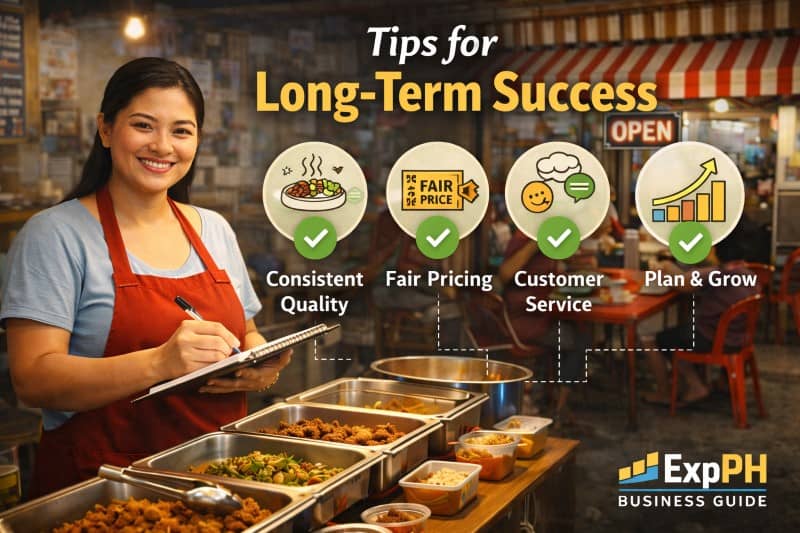 Filipina carinderia owner managing food service while checking notes, representing tips for long-term success in a small food business in the Philippines