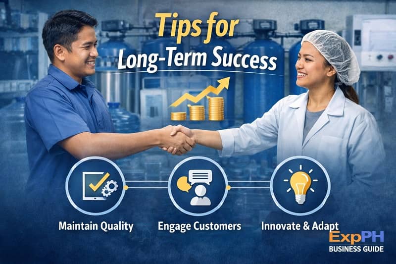 Filipino entrepreneurs shaking hands inside a water refilling station with filtration equipment, symbolizing long-term business success and growth