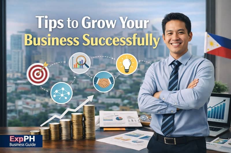 Confident Filipino entrepreneur with business growth charts, coins, and upward arrow showing successful business growth