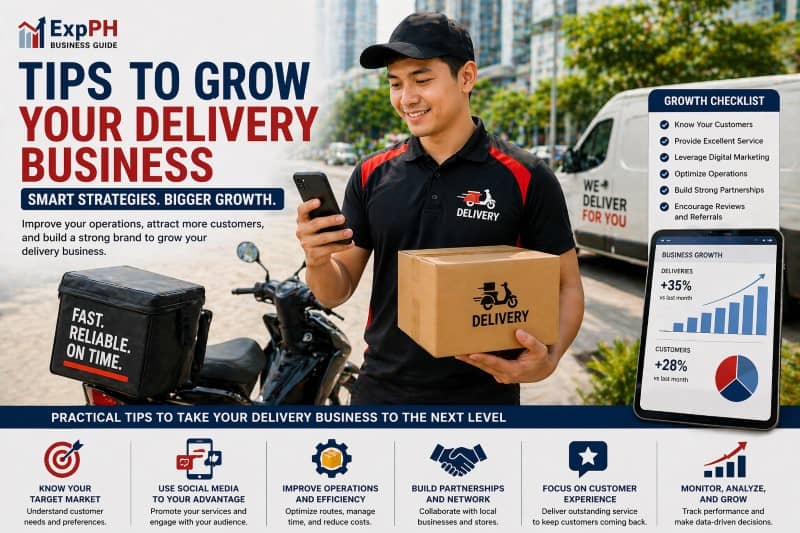 Filipino delivery rider using smartphone and holding package with motorcycle and delivery van showing business growth strategies in the Philippines