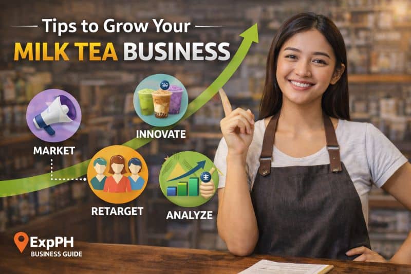 Filipina milk tea business owner with growth icons and upward arrow showing strategies to grow a milk tea business
