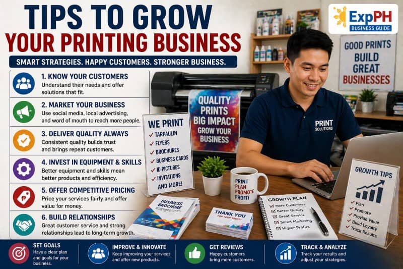 Printing business growth strategies in the Philippines showing marketing, customer service, and equipment upgrades in a modern print shop