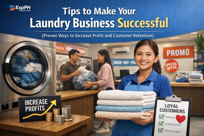 Filipina laundry shop staff holding folded towels with customers in a laundromat, highlighting profit growth and customer retention strategies