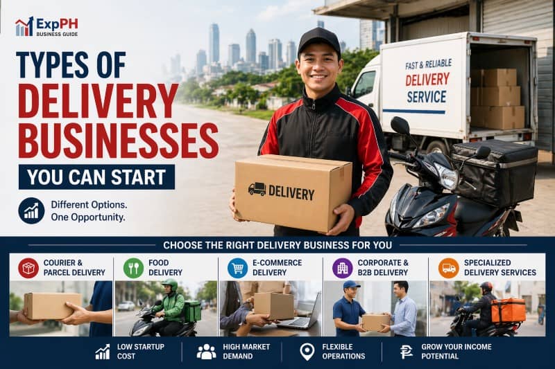 Filipino delivery rider holding package with motorcycle and delivery truck showing different types of delivery businesses in the Philippines