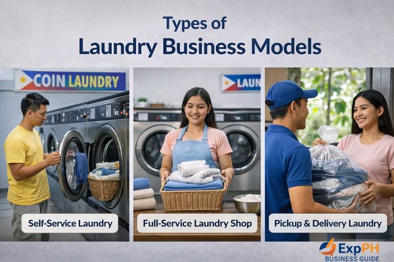 Different laundry business models in the Philippines including self service machines full service setup and pickup delivery operations in a modern laundromat