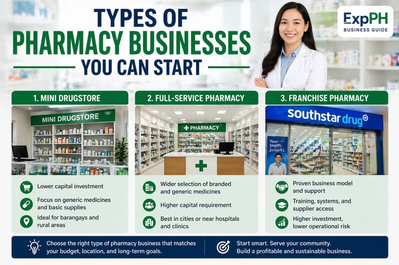 Comparison of mini drugstore, full-service pharmacy, and franchise pharmacy in a Philippine setting with a pharmacist and ExpPH Business Guide logo