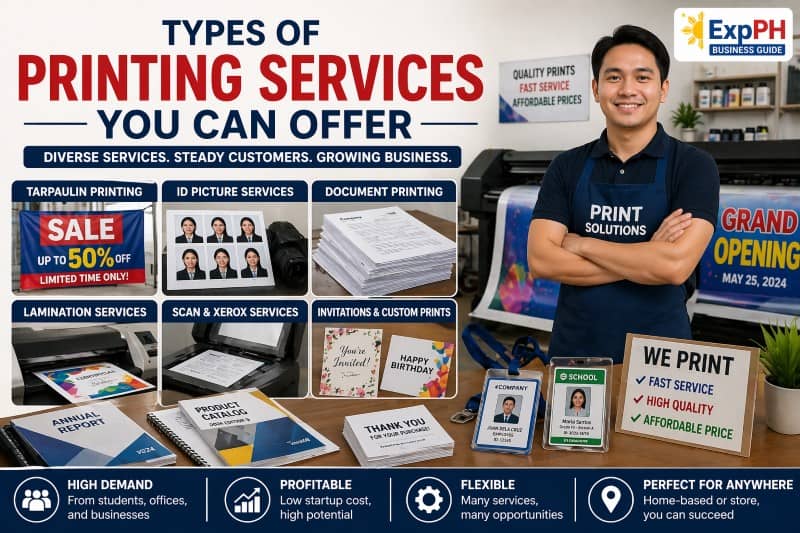 Printing services in the Philippines showing tarpaulin printing, ID photo services, document printing, and laminating in a modern print shop