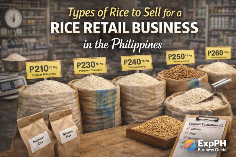 Different rice varieties in sacks with price tags in a Philippine rice store showing types of rice to sell for a rice retail business