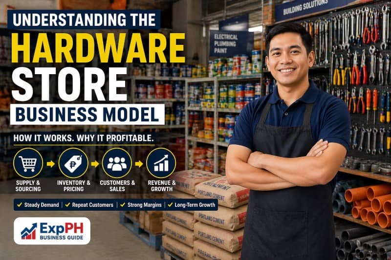 Filipino hardware store owner inside a well-organized hardware shop with tools and supplies, illustrating the hardware store business model in the Philippines