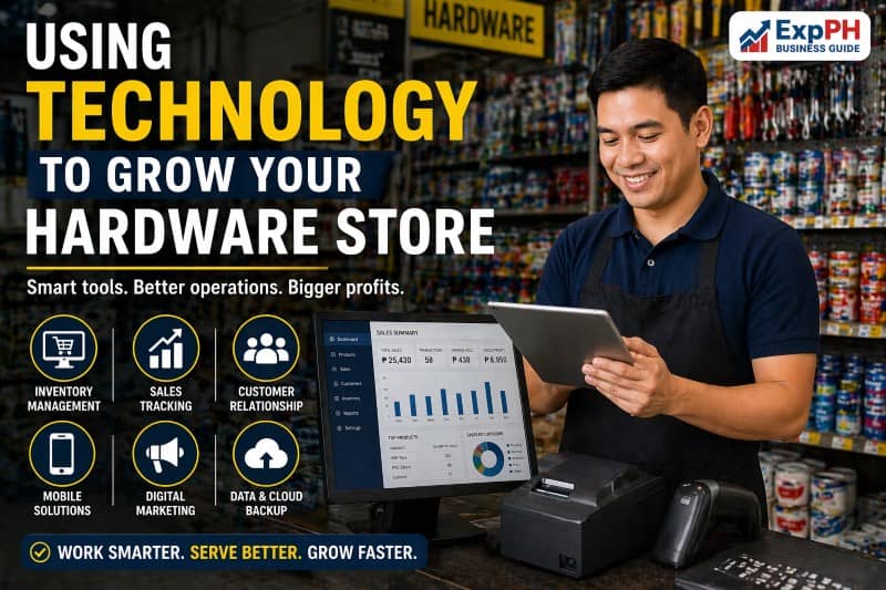 Filipino hardware store owner using a tablet and POS system inside a modern hardware shop, showing technology use for business growth in the Philippines