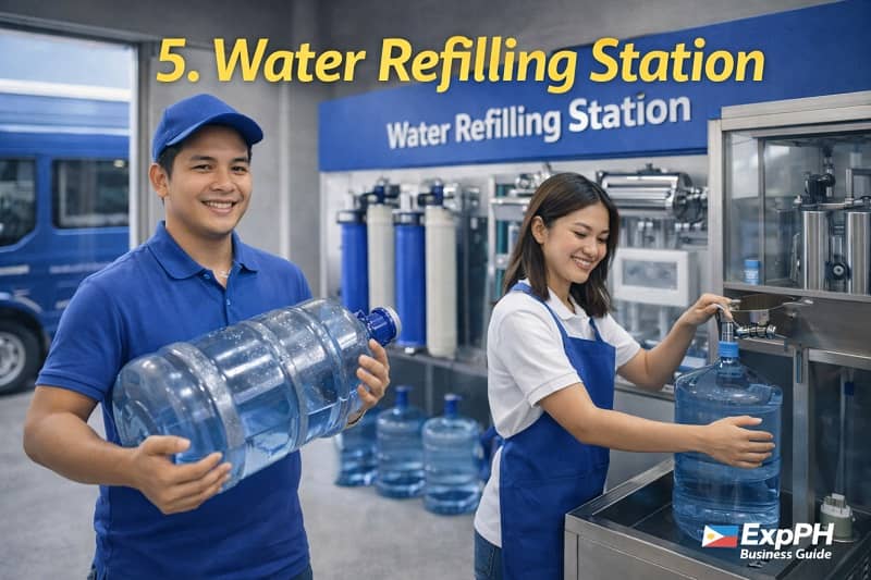 Filipino workers operating a water refilling station with large containers and filtration equipment in a clean facility