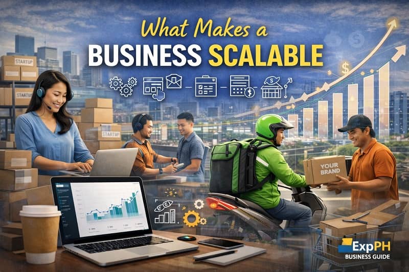 Scalable business in the Philippines showing growth charts, delivery services, and digital operations in a modern business environment