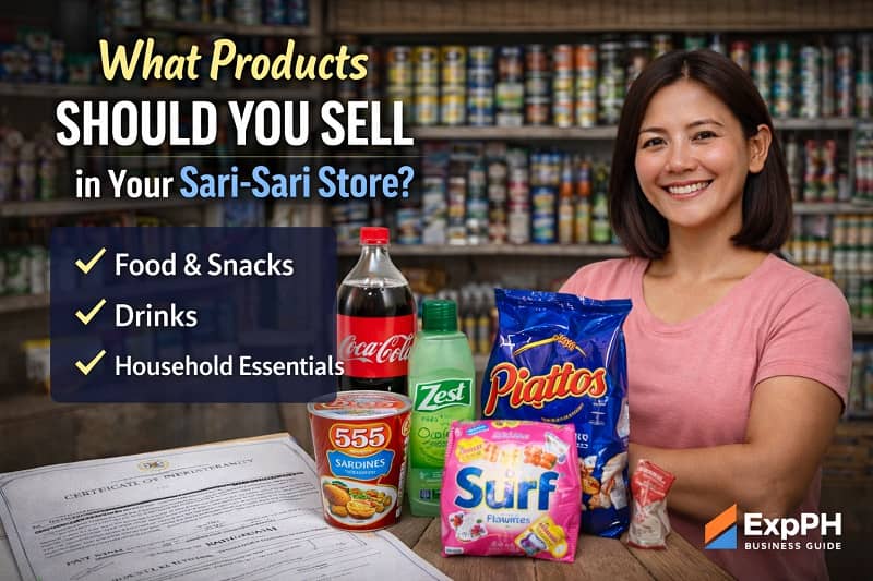 Filipina sari-sari store owner displaying popular products like snacks, drinks, and household essentials inside a well-stocked neighborhood store in the Philippines