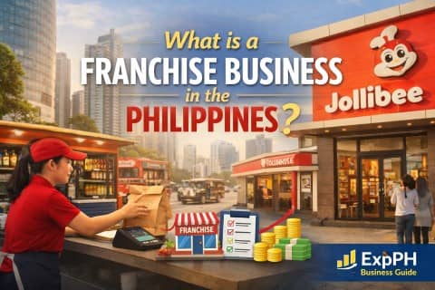 Franchise business example in the Philippines showing a small food stall and branded fast food store with ExpPH Business Guide logo
