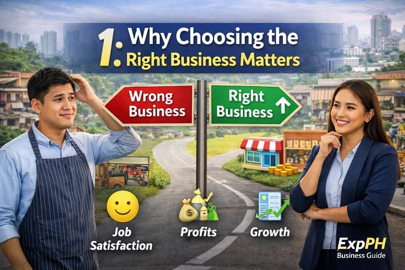 Filipino entrepreneurs comparing right and wrong business choices showing impact on success, profits, and growth