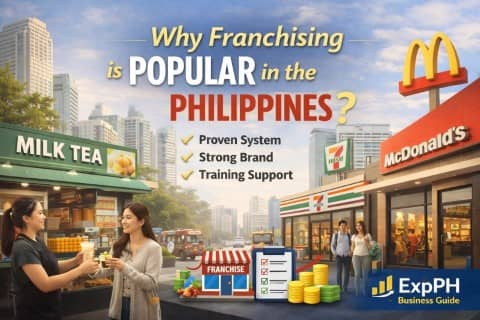 Franchise businesses in the Philippines including milk tea shop, convenience store, and fast food chain with ExpPH Business Guide logo