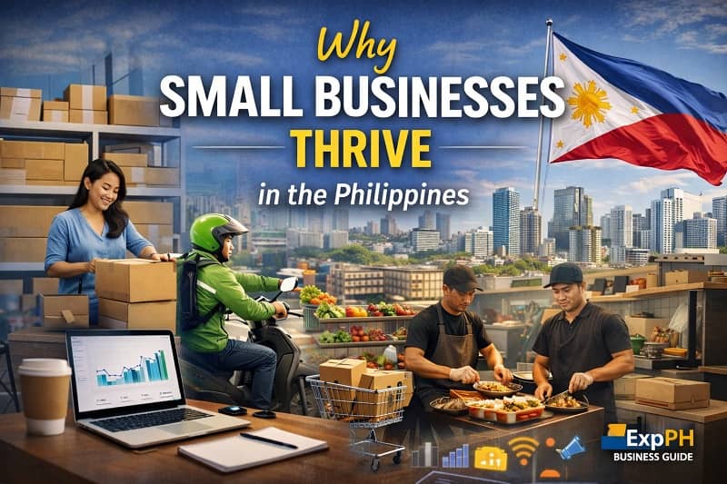 Small businesses thriving in the Philippines including retail shops, food stalls, and online entrepreneurs in a modern urban setting