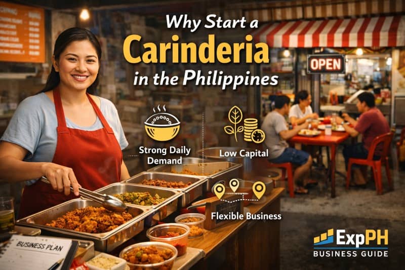 Filipina carinderia owner serving Filipino dishes in a local eatery, showing why starting a carinderia business in the Philippines is a practical opportunity