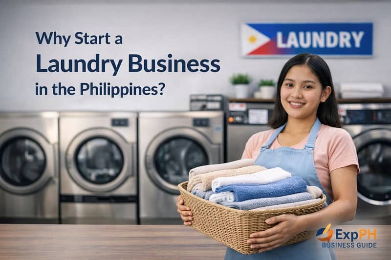 Modern laundry shop in the Philippines with washing machines and a Filipino entrepreneur managing daily operations