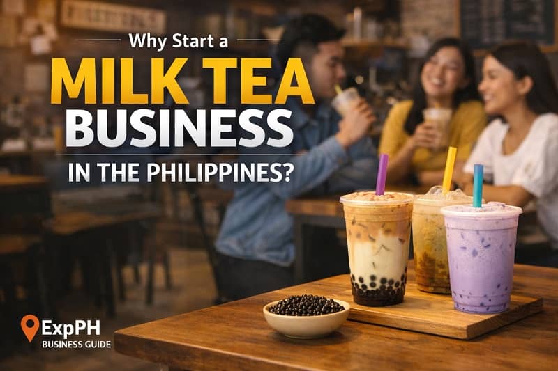 Milk tea drinks in a Philippine café setting with customers enjoying beverages and business-focused text overlay