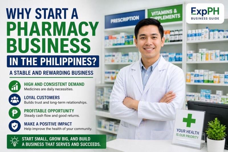 Filipino pharmacist standing inside a modern pharmacy with medicine shelves, highlighting reasons to start a pharmacy business in the Philippines with ExpPH Business Guide logo