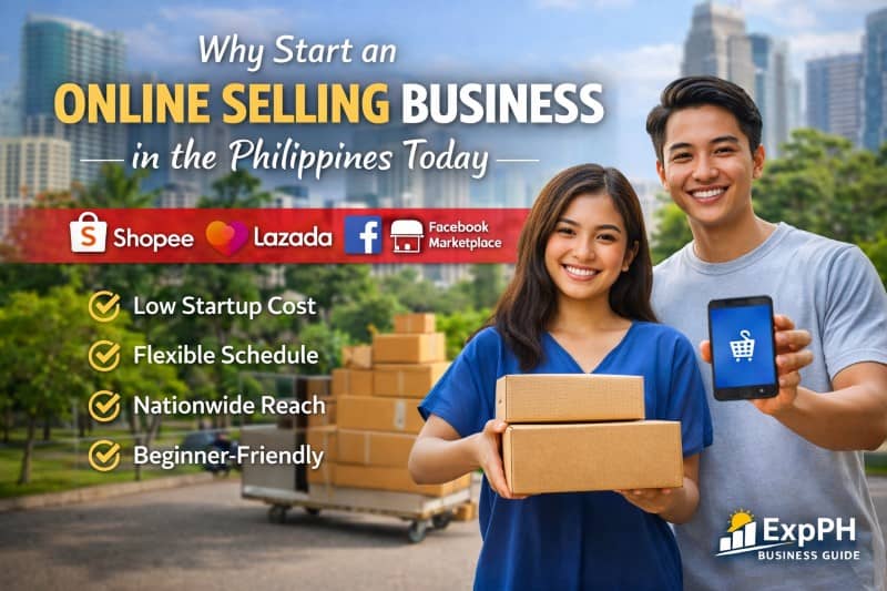 Filipino entrepreneur managing online selling business at home with laptop and packaged products in a modern Philippine business setup