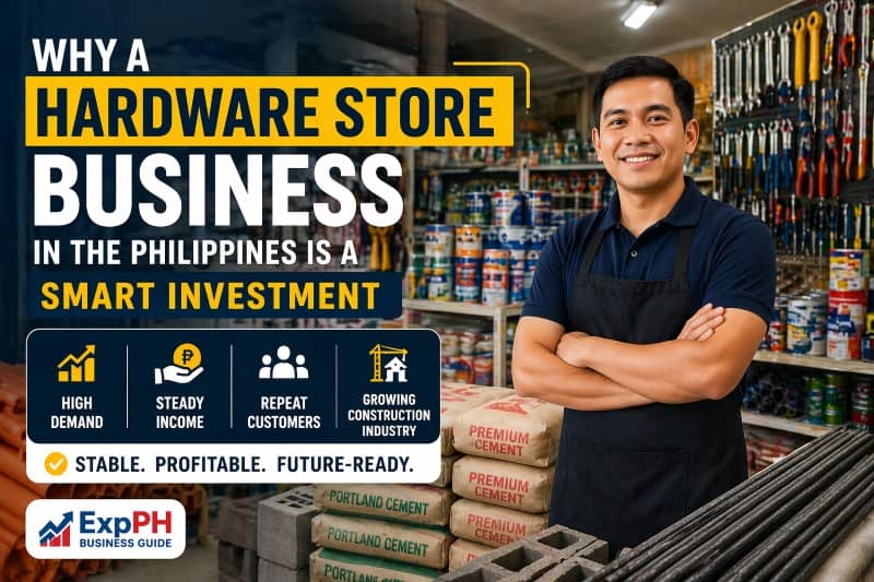 Filipino hardware store owner inside a well-stocked hardware shop with tools and cement, representing a profitable hardware store business investment in the Philippines
