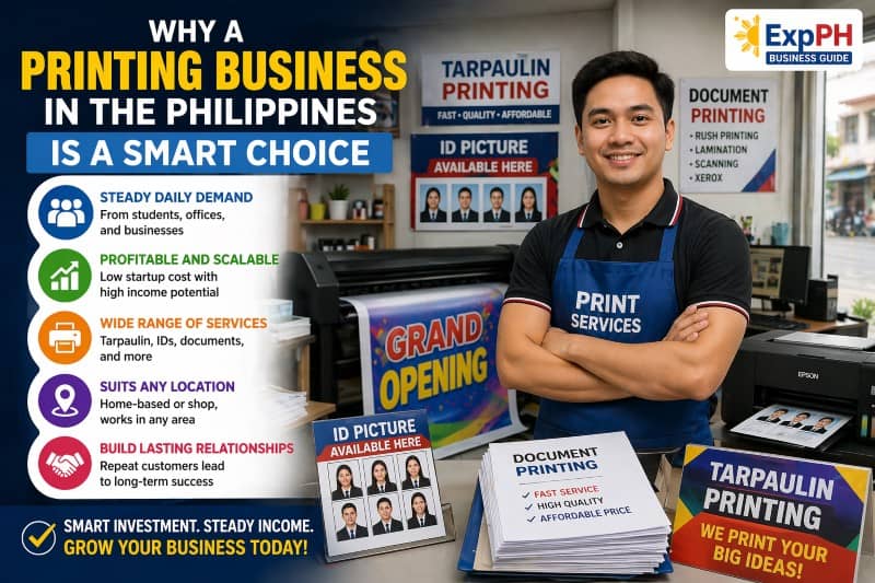 Filipino printing business owner in a modern print shop with tarpaulin printing machine, ID photo services, and document printing setup