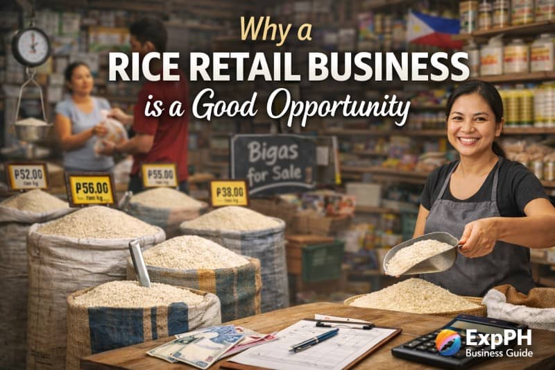 Filipino rice retail store with vendor serving rice, sacks with price tags, and customers buying, showing why a rice retail business is a good opportunity in the Philippines