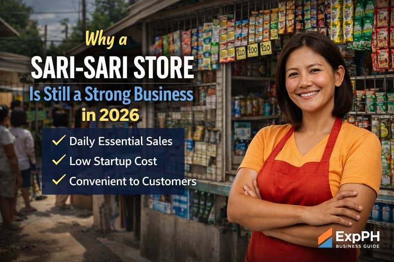 Filipino sari-sari store with customers buying daily essentials, showing a busy neighborhood setting and highlighting why sari-sari stores remain a strong business in the Philippines in 2026