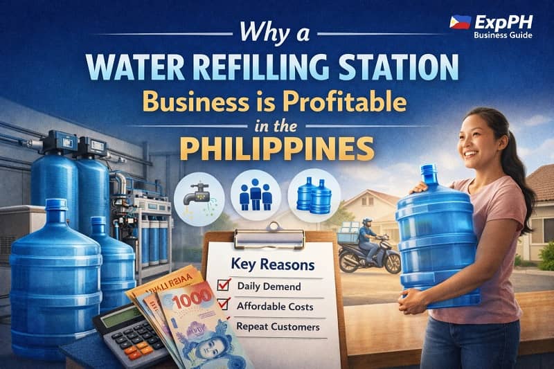 Water refilling station business in the Philippines showing filtration equipment, containers, and daily demand from local customers