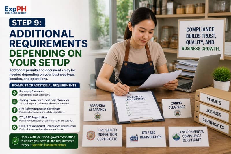 Filipino entrepreneur reviewing additional permits and documents like zoning clearance fire safety certificate and environmental compliance for food business registration Philippines