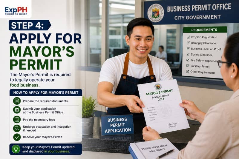 Filipino entrepreneur applying for Mayor’s Permit at city government business permit office with documents for food business registration Philippines