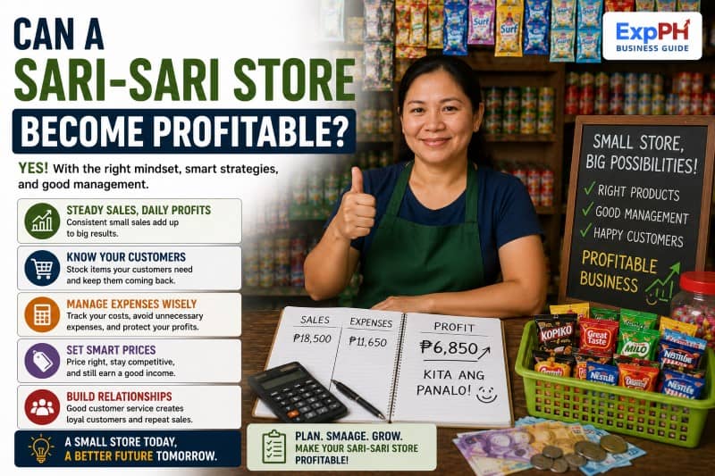 Successful Filipino sari-sari store owner showing business profits with calculator, inventory products, sales notebook, and ExpPH Business Guide logo