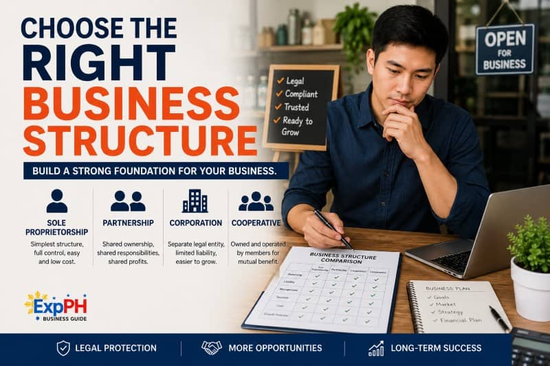 Filipino entrepreneur comparing business structures including sole proprietorship, partnership, and corporation in a modern office setting