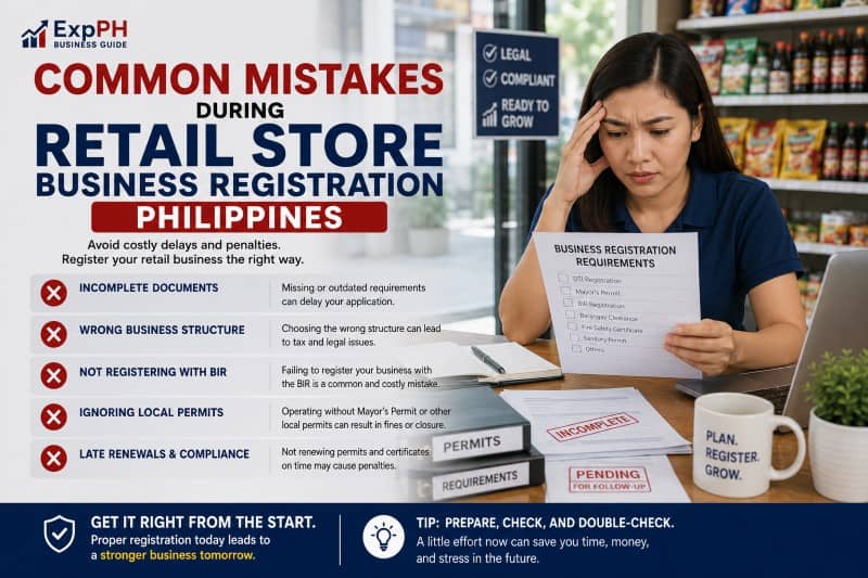 Filipino retail business owner reviewing incomplete registration documents and common business registration mistakes in the Philippines