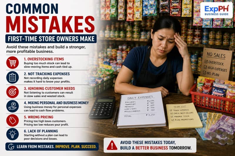 Filipino sari-sari store owner stressed while reviewing business expenses, inventory, and budgeting mistakes inside a neighborhood store with ExpPH Business Guide logo