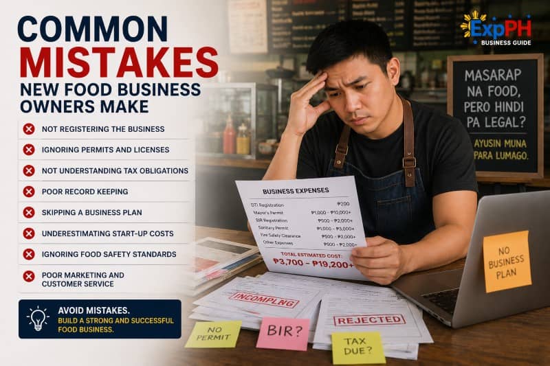 Filipino food business owner reviewing restaurant expenses and permit problems inside a small restaurant in the Philippines