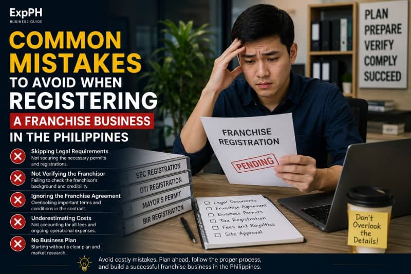Realistic featured image showing a Filipino entrepreneur reviewing franchise registration documents and avoiding common business registration mistakes in the Philippines.