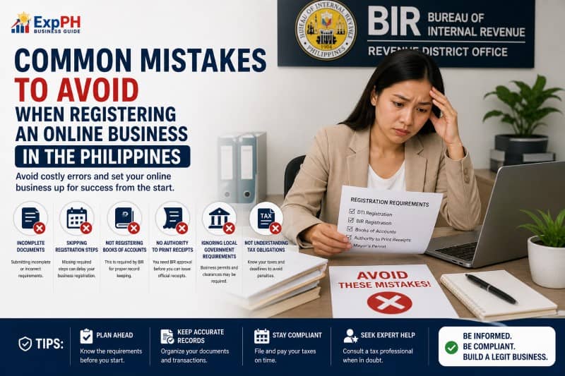 Filipino entrepreneur reviewing business registration mistakes with documents laptop and checklist in Philippine office setting