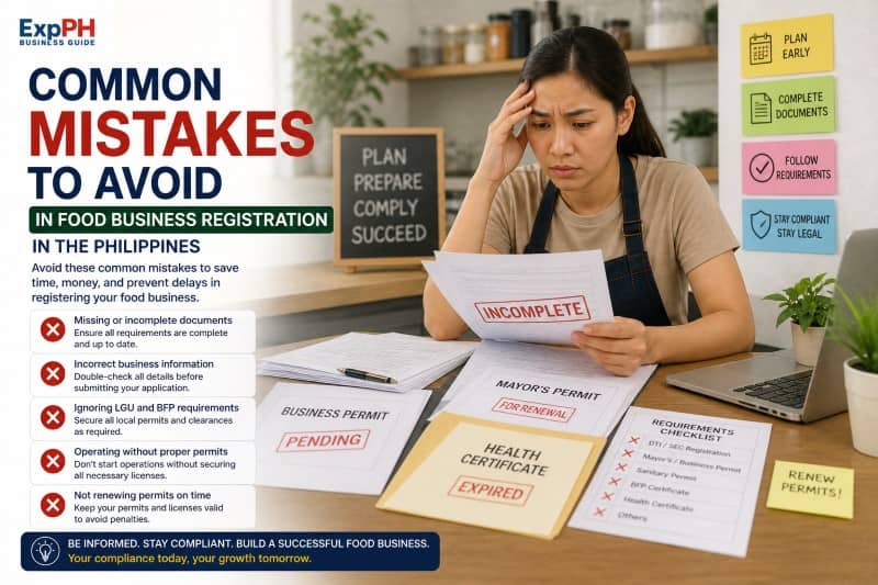 Filipino entrepreneur reviewing incomplete business documents with common mistakes in food business registration Philippines including missing permits and expired certificates