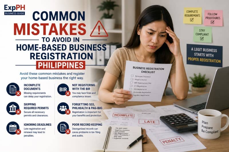 Filipino entrepreneur reviewing business registration checklist with mistakes like incomplete documents and missed requirements in a home office