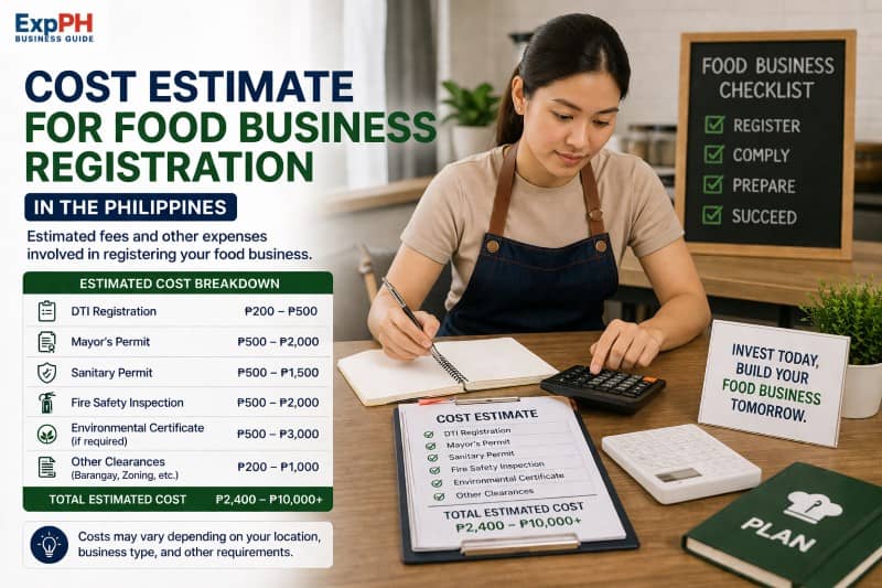 Filipino entrepreneur calculating food business registration Philippines cost estimate with documents calculator and permit breakdown in a modern workspace