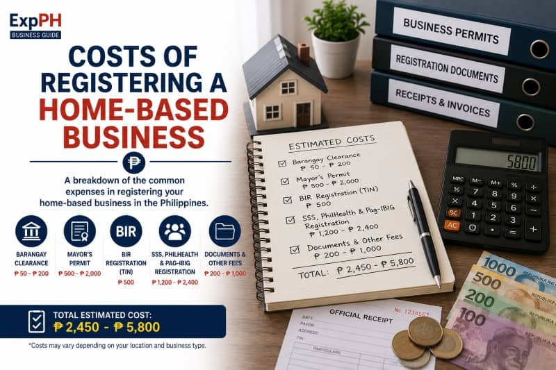 Breakdown of costs for registering a home-based business in the Philippines with calculator, receipts, and business documents on a desk