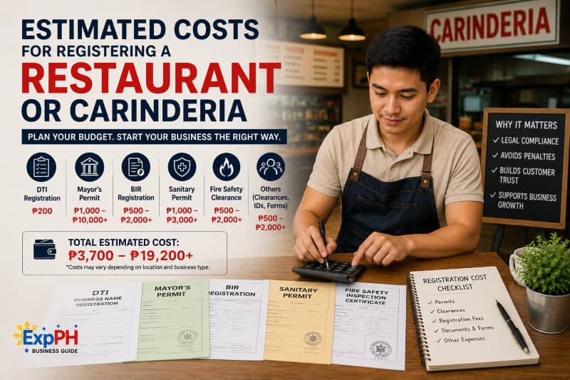 Filipino restaurant owner calculating estimated registration and permit costs for opening a restaurant or carinderia business in the Philippines
