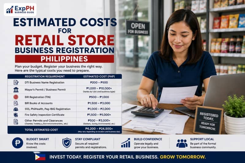Filipino retail business owner calculating business registration expenses and permit costs inside a retail store in the Philippines