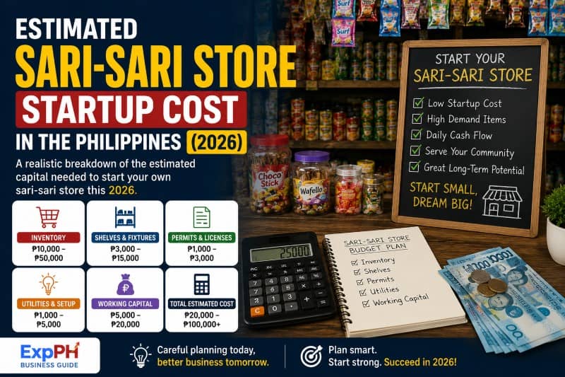 Realistic sari-sari store startup cost breakdown in the Philippines for 2026 featuring inventory expenses, calculator, budget notebook, and ExpPH Business Guide logo