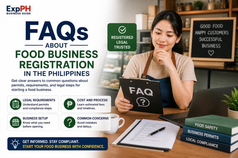 Filipino entrepreneur checking frequently asked questions about food business registration Philippines with permits checklist and documents in a modern café setting