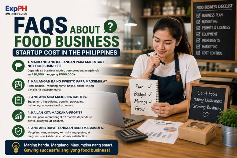 Filipino food entrepreneur answering common questions about startup costs, budgeting, permits, and food business planning in the Philippines