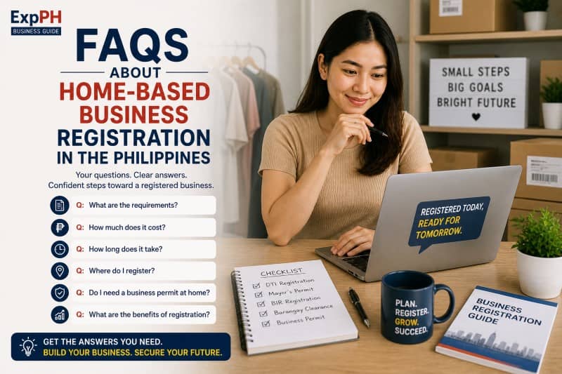Filipino entrepreneur reviewing frequently asked questions about home-based business registration Philippines in a home office setting